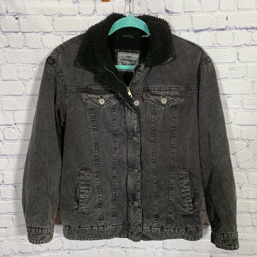 Levi's Denim Trucker Jacket Black Sherpa Lined Size S Casual Grunge Streetwear - Picture 1 of 10